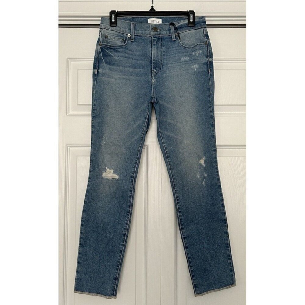 Pistola Womens High Rise Distressed Taper Leg Finished Hem Blue Jeans Size 27